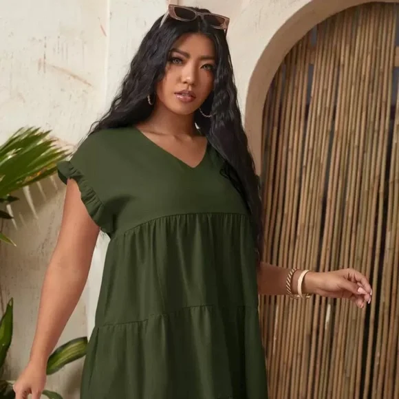 SHEIN Unity Curve Solid V-Neck Army Green Smock Dress 4XL - Picture 5 of 11